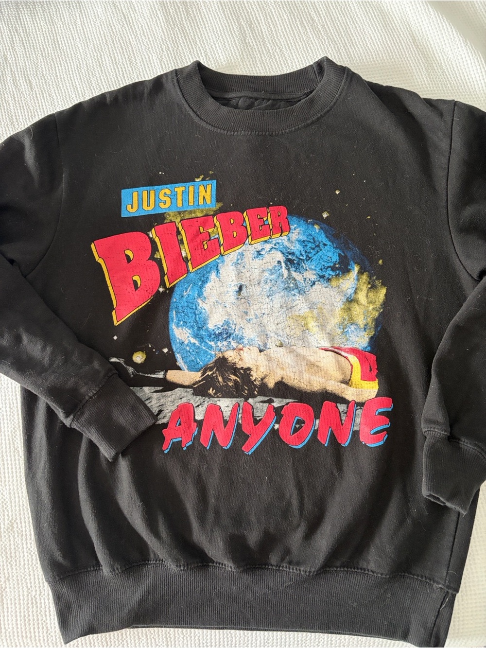 Justin Bieber Black Crewneck Sweater with Red and Blue Graphic